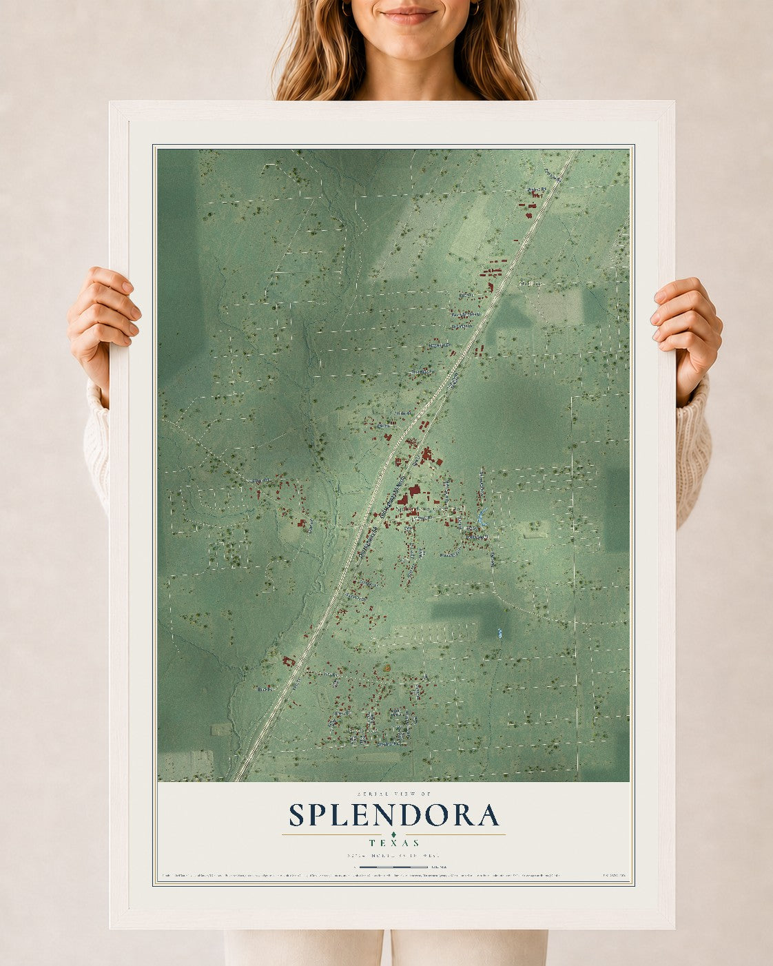 Map of Splendora, Texas, 24 x 36 inch print in a white wood frame