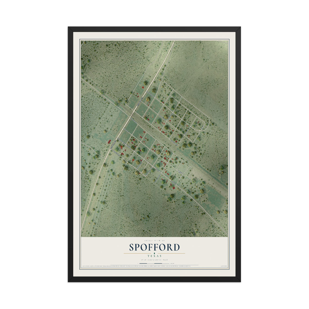 Map of Spofford, Texas, 12 x 18 inch print in a black wood frame