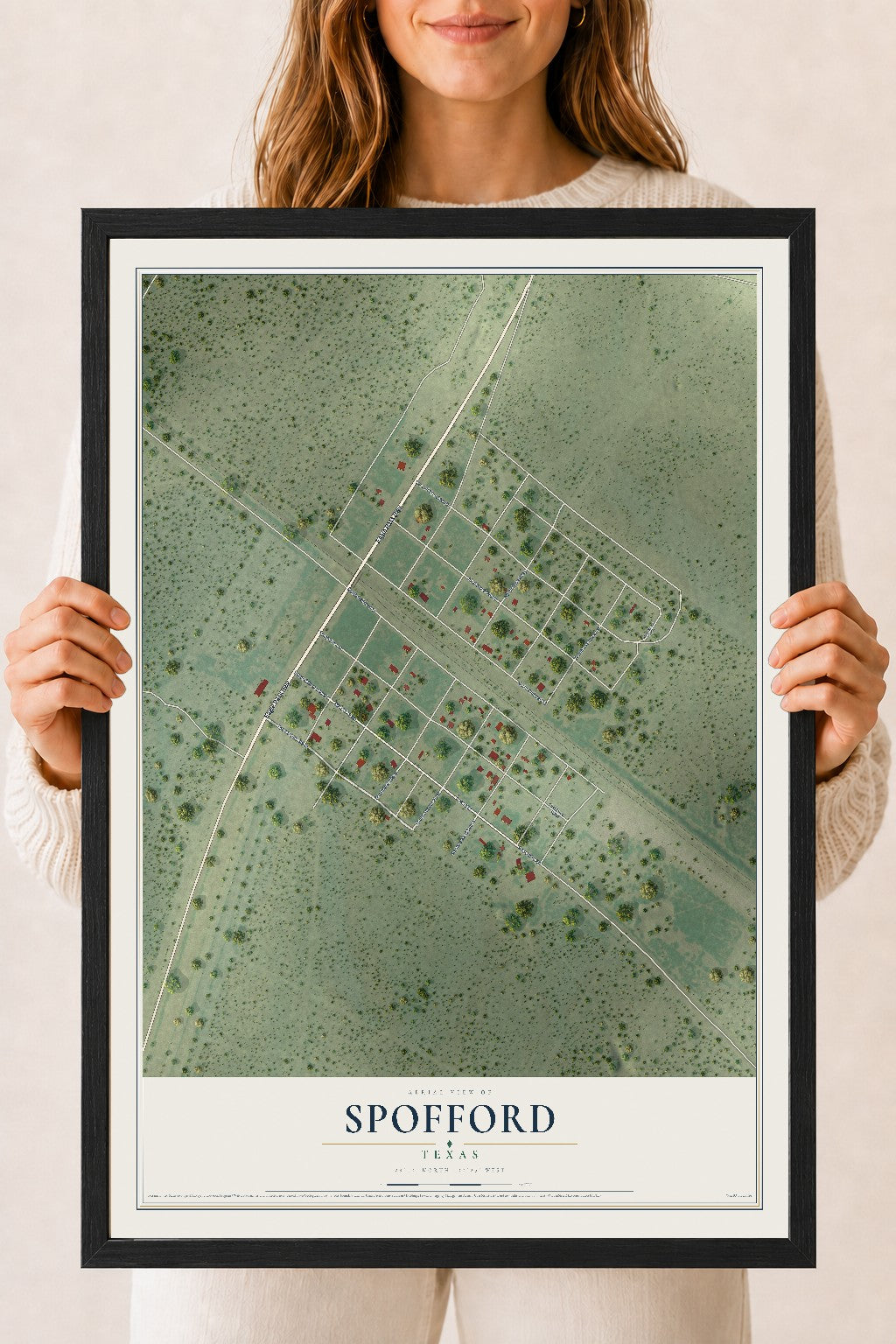 Map of Spofford, Texas, 18 x 24 inch print in a black wood frame