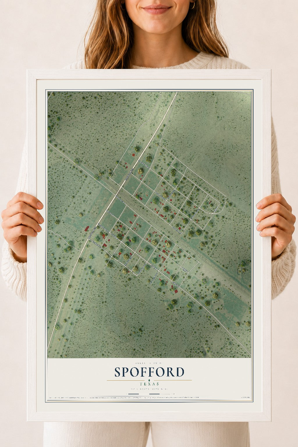 Map of Spofford, Texas, 18 x 24 inch print in a white wood frame