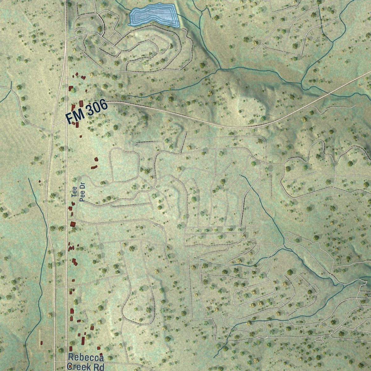 Close-up of the map of Spring Branch, Texas print showing street and building detail