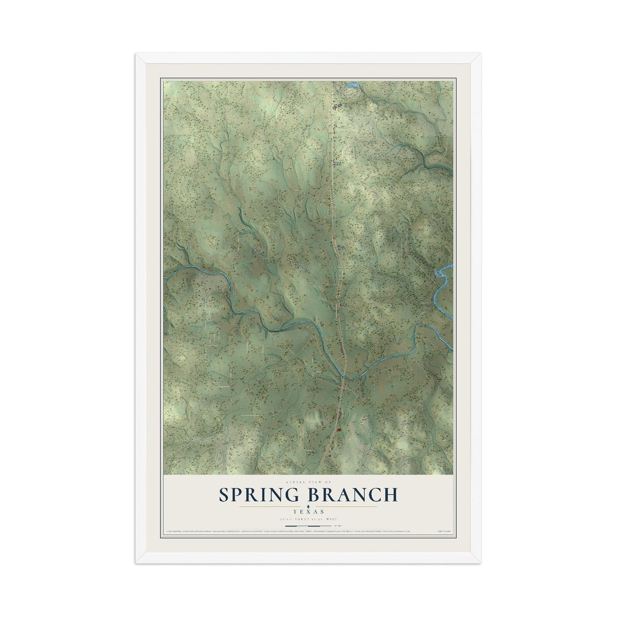 Map of Spring Branch, Texas, 12 x 18 inch print in a white wood frame