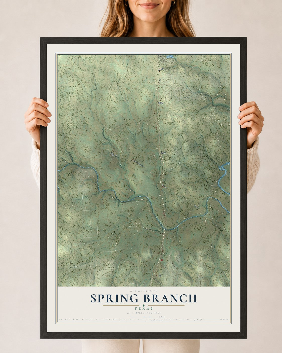 Map of Spring Branch, Texas, 24 x 36 inch print in a black wood frame