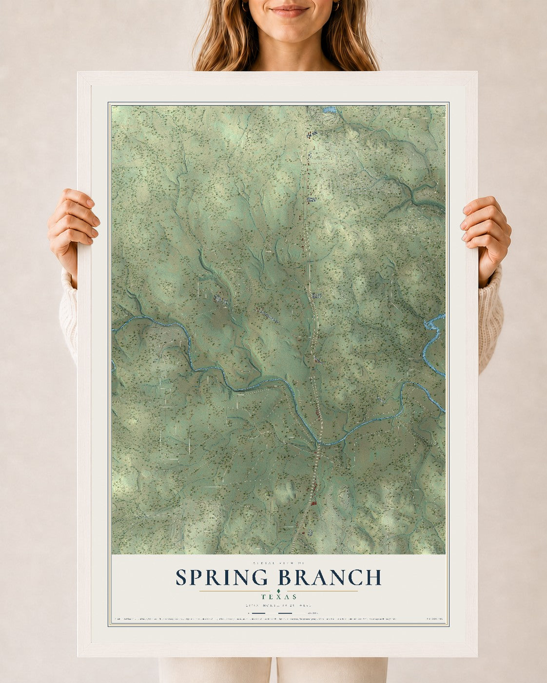 Map of Spring Branch, Texas, 24 x 36 inch print in a white wood frame