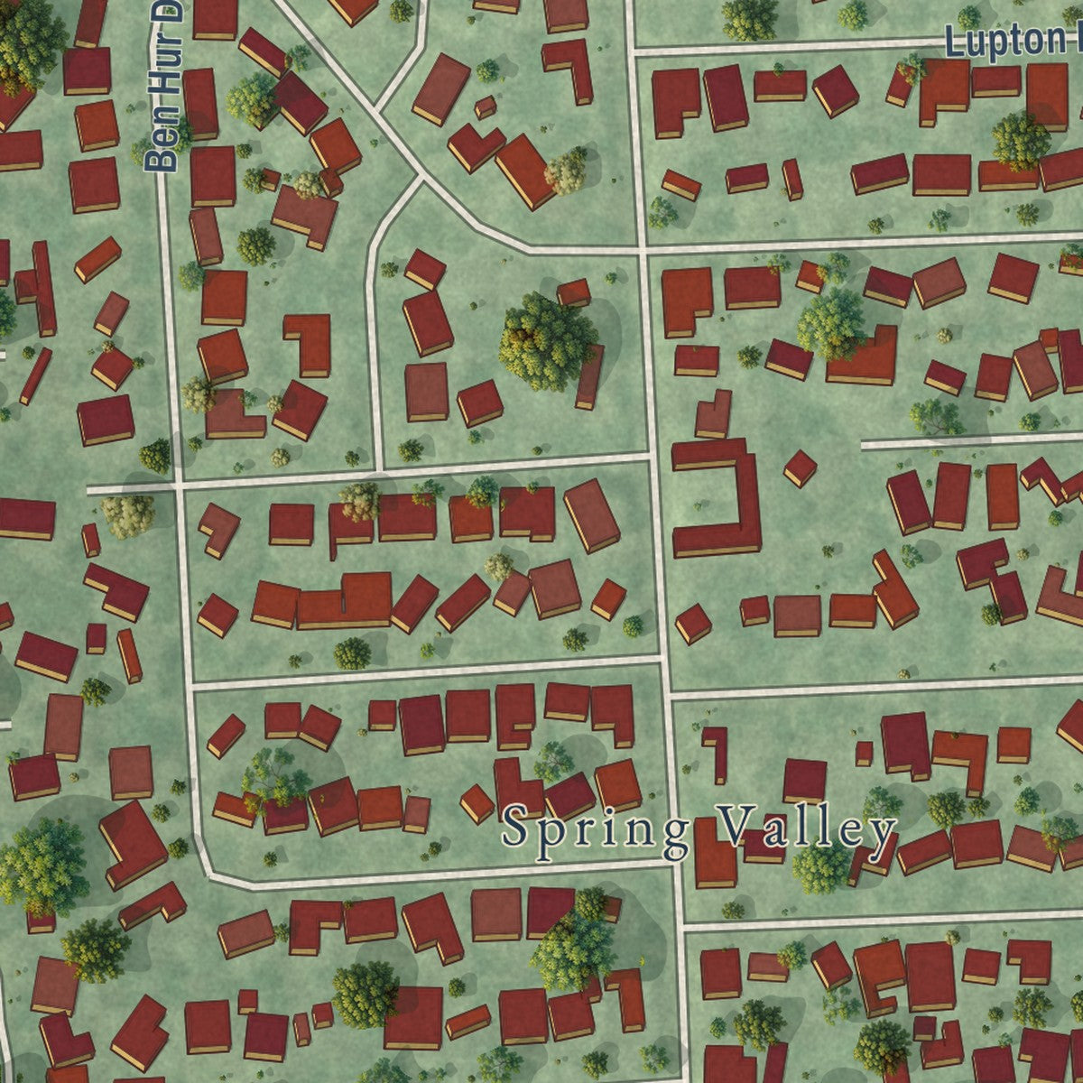 Close-up of the map of Spring Valley Village, Texas print showing street and building detail