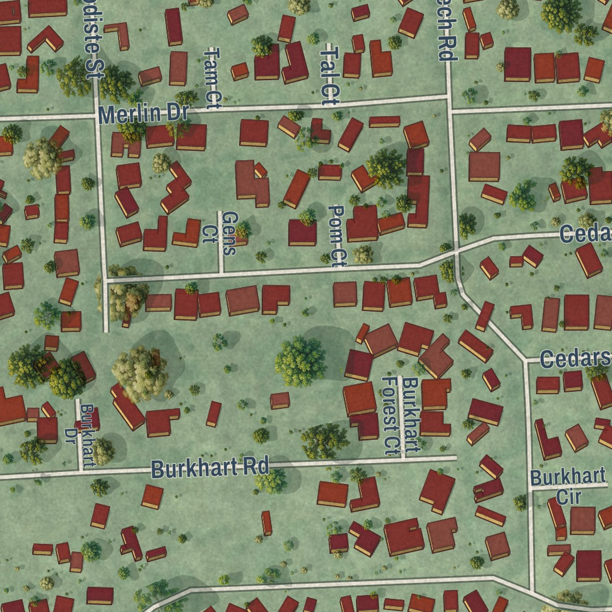 Second close-up of the map of Spring Valley Village, Texas print showing more streets and buildings