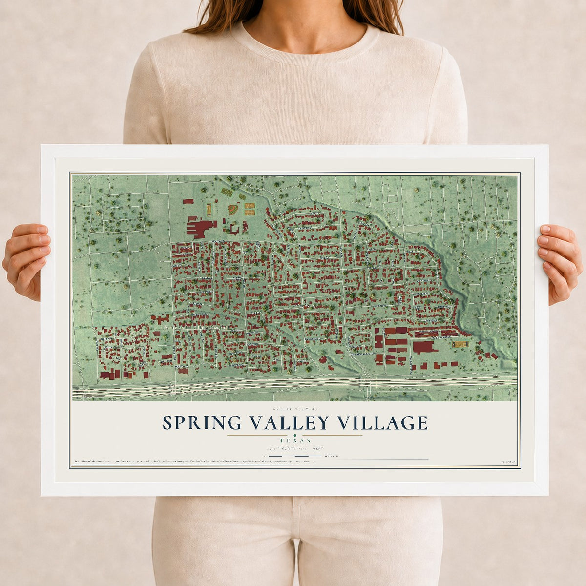 Map of Spring Valley Village, Texas, 12 x 18 inch print in a white wood frame