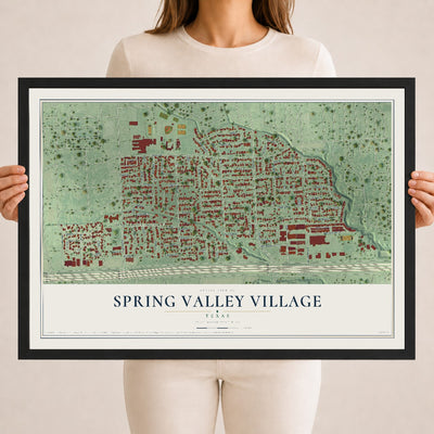 Map of Spring Valley Village, Texas, 18 x 24 inch print in a black wood frame