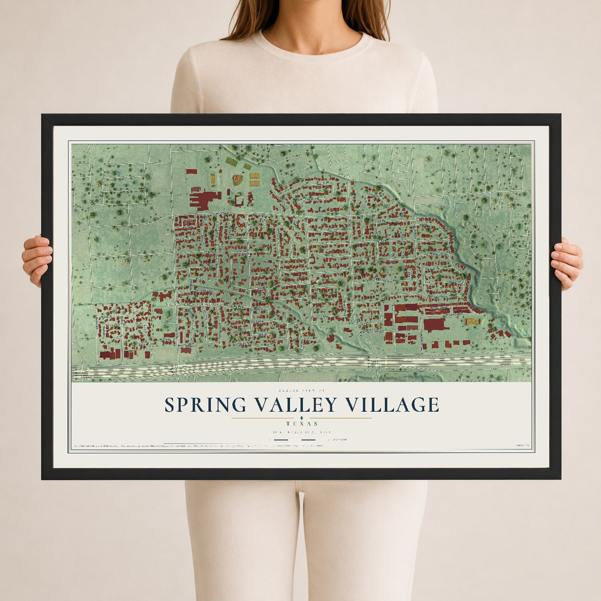 Map of Spring Valley Village, Texas, 24 x 36 inch print in a black wood frame