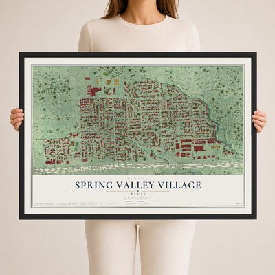 Map of Spring Valley Village, Texas, 24 x 36 inch print in a black wood frame