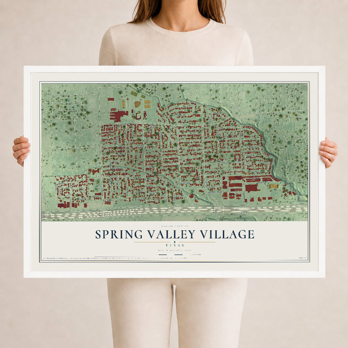 Map of Spring Valley Village, Texas, 24 x 36 inch print in a white wood frame