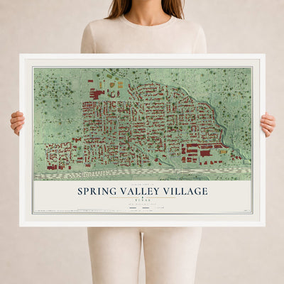 Map of Spring Valley Village, Texas, 24 x 36 inch print in a white wood frame
