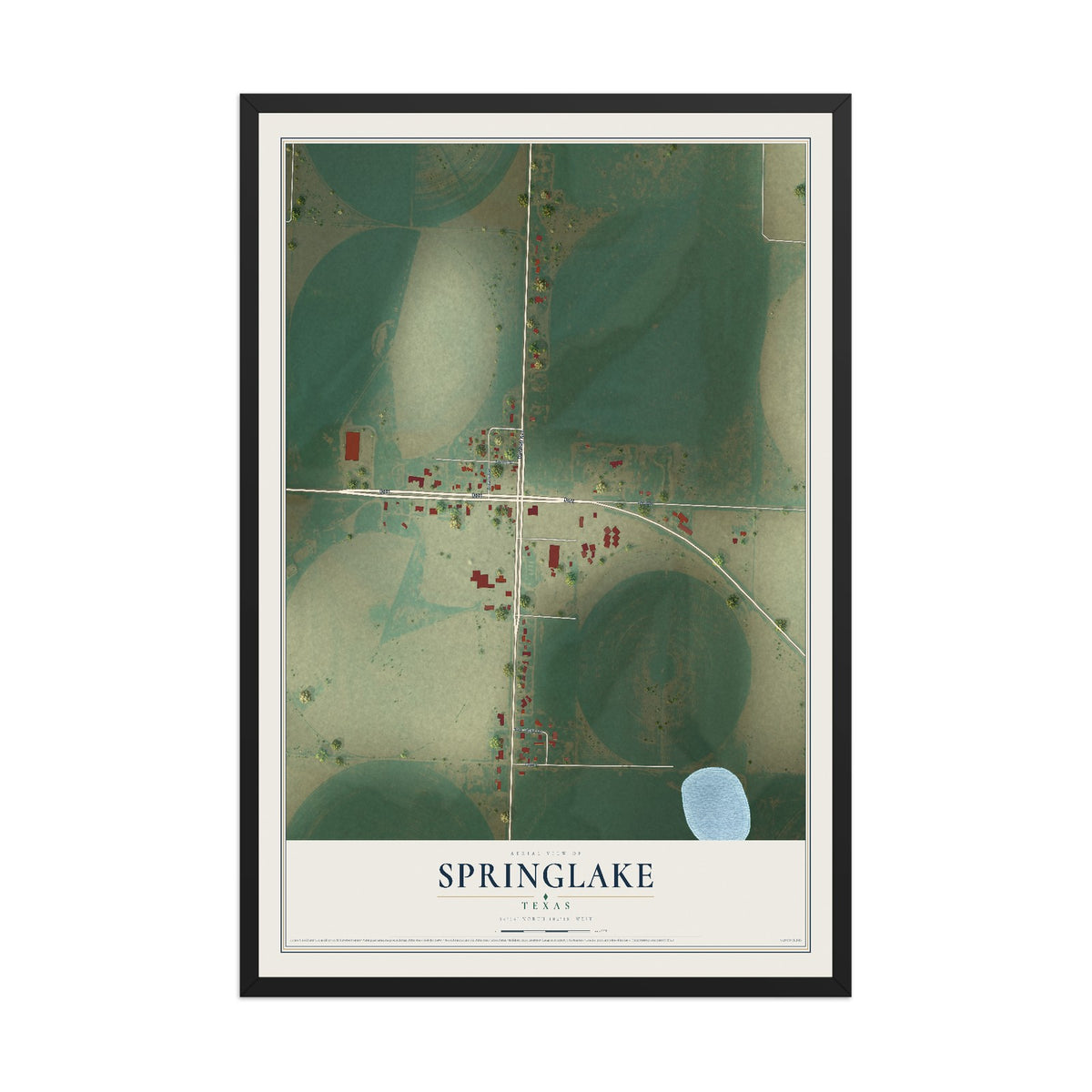 Map of Springlake, Texas, 12 x 18 inch print in a black wood frame