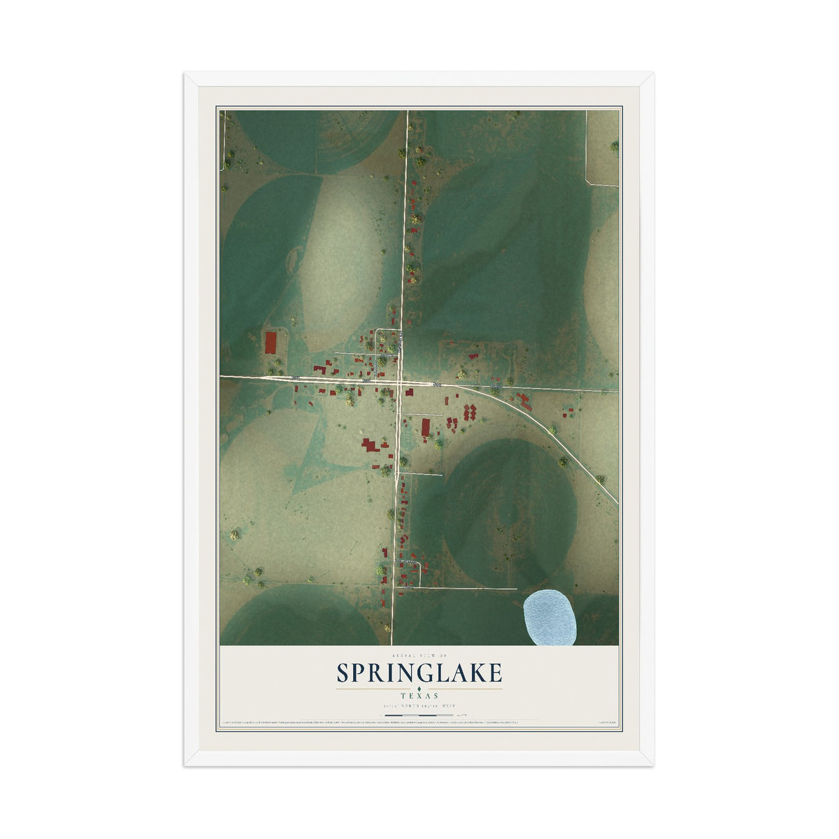 Map of Springlake, Texas, 12 x 18 inch print in a white wood frame