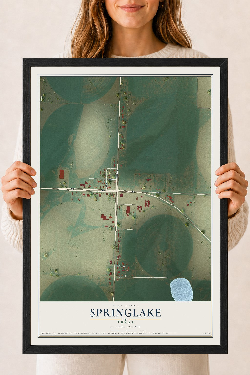 Map of Springlake, Texas, 18 x 24 inch print in a black wood frame