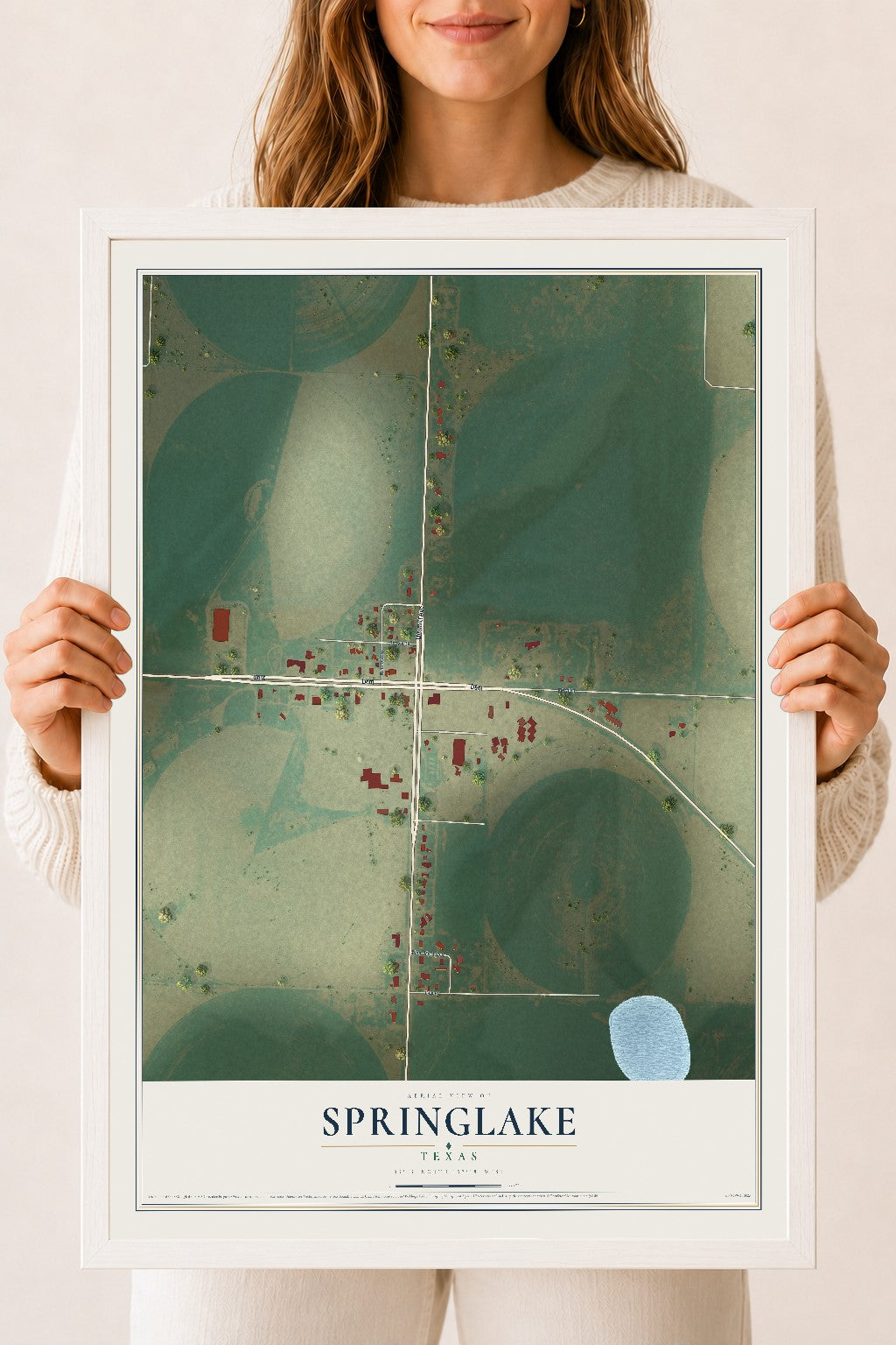 Map of Springlake, Texas, 18 x 24 inch print in a white wood frame