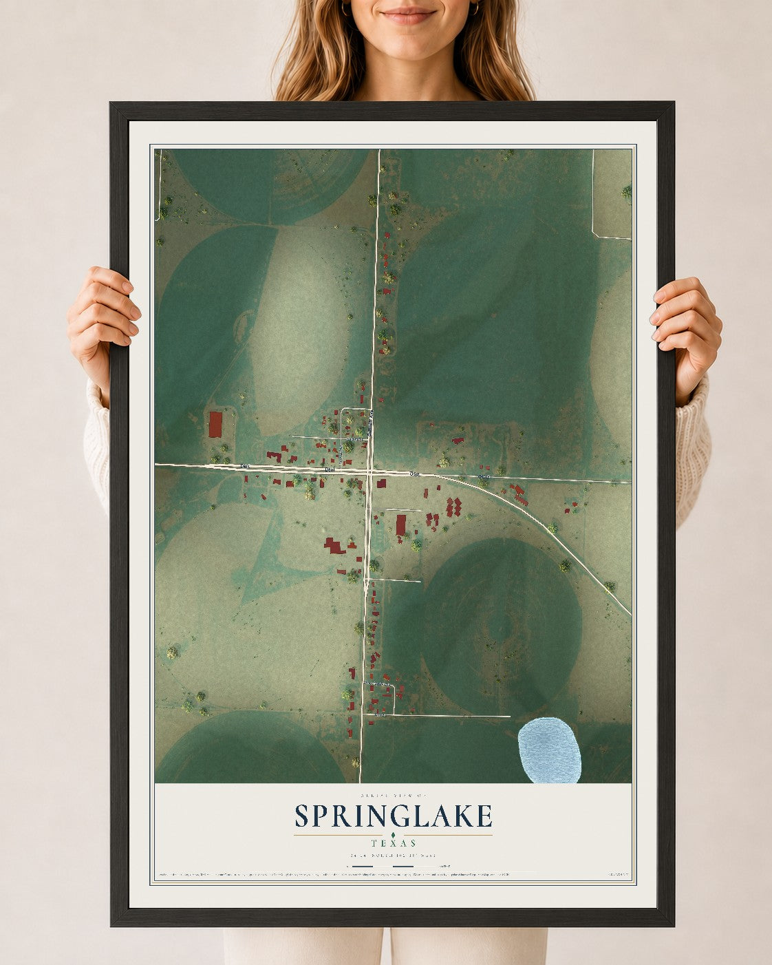 Map of Springlake, Texas, 24 x 36 inch print in a black wood frame