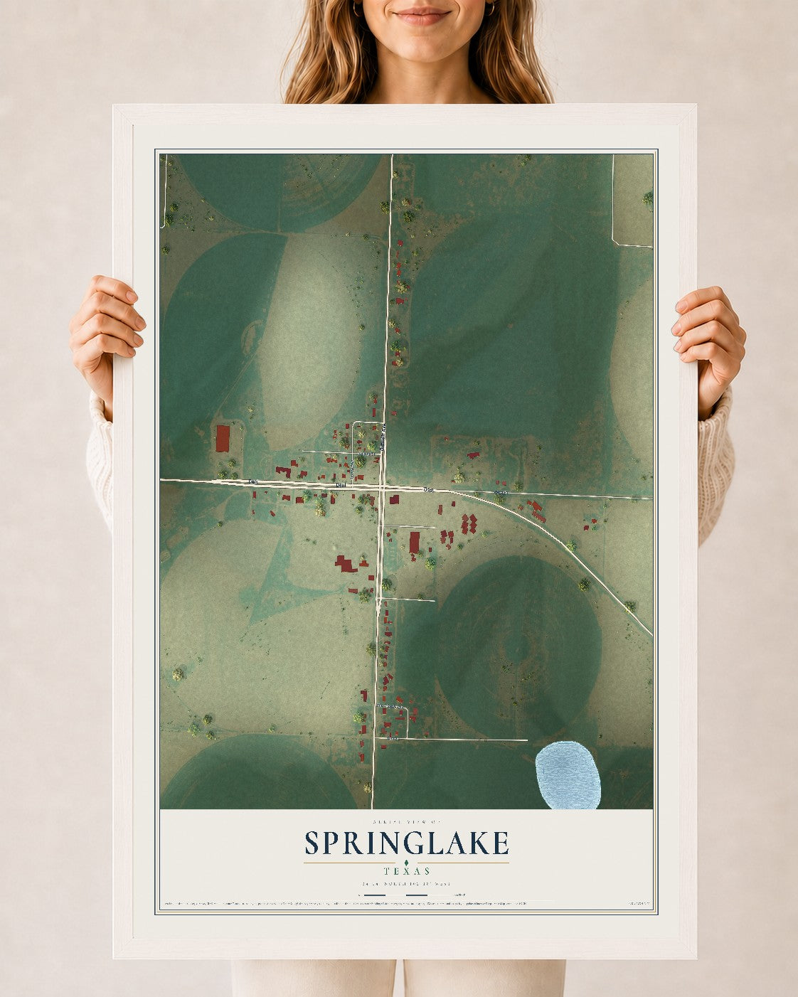 Map of Springlake, Texas, 24 x 36 inch print in a white wood frame