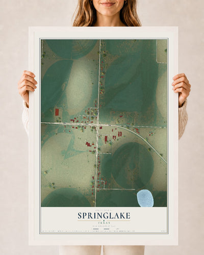 Map of Springlake, Texas, 24 x 36 inch print in a white wood frame