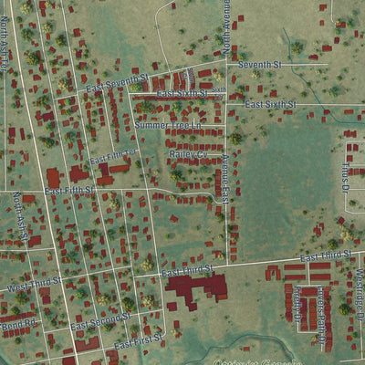 Close-up of the map of Springtown, Texas print showing street and building detail
