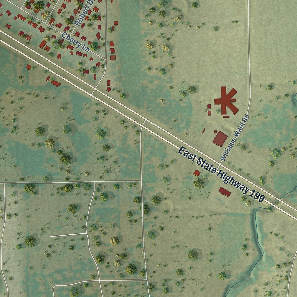 Second close-up of the map of Springtown, Texas print showing more streets and buildings