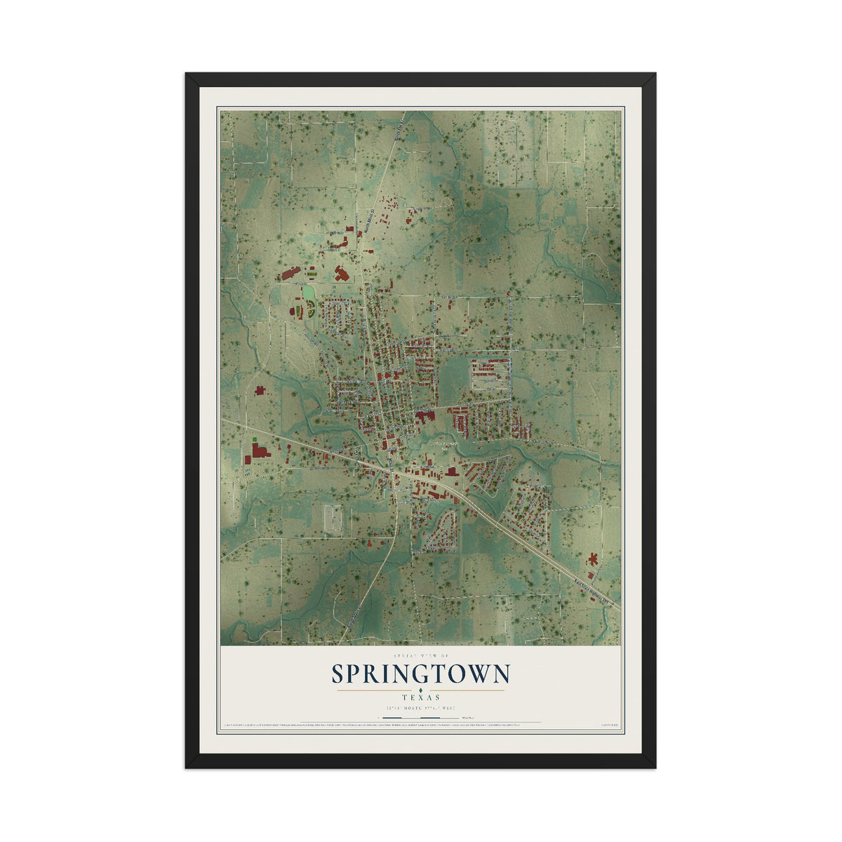 Map of Springtown, Texas, 12 x 18 inch print in a black wood frame