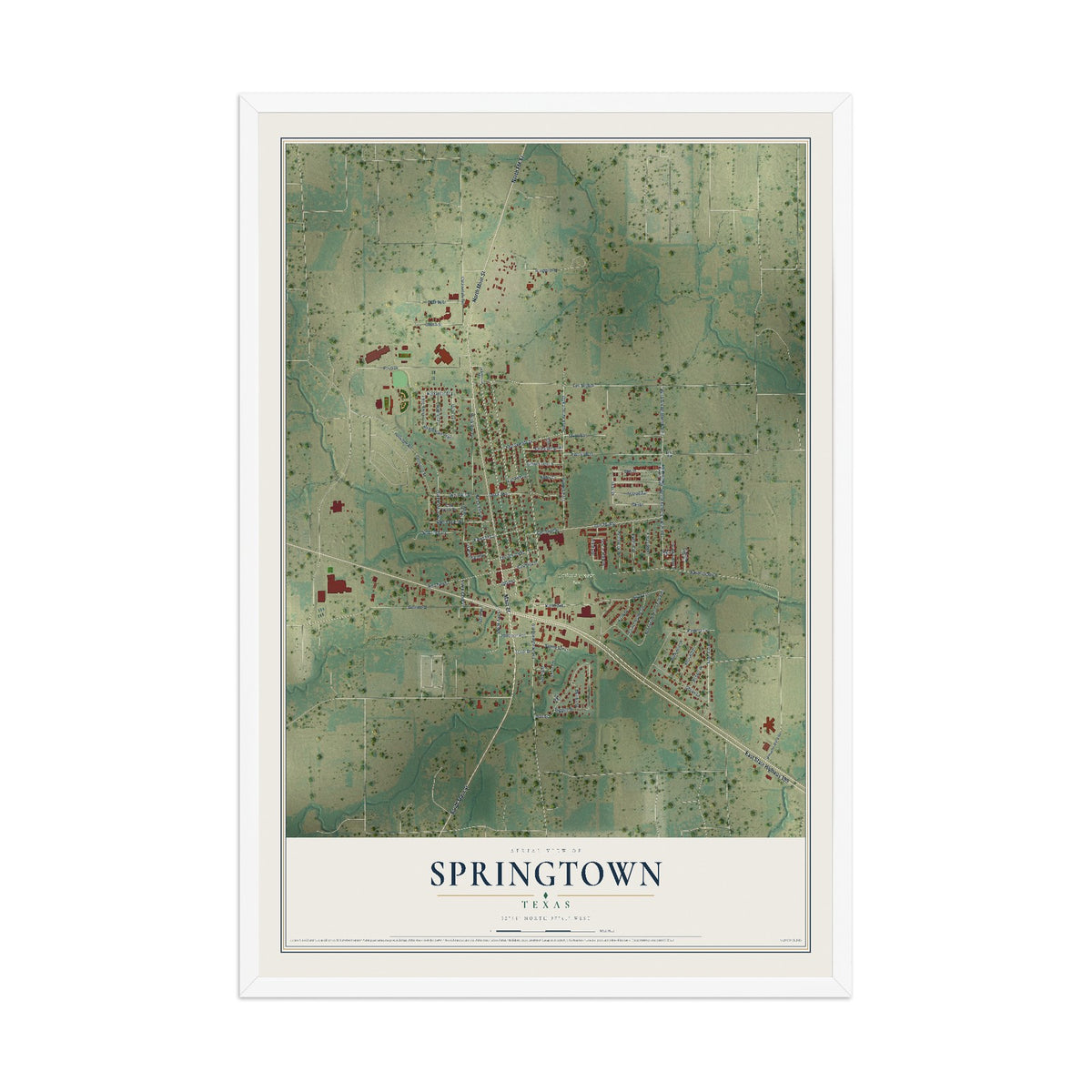 Map of Springtown, Texas, 12 x 18 inch print in a white wood frame