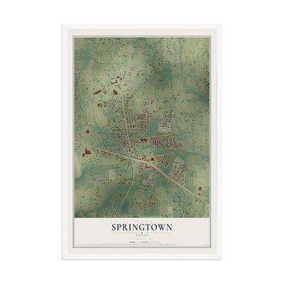 Map of Springtown, Texas, 12 x 18 inch print in a white wood frame