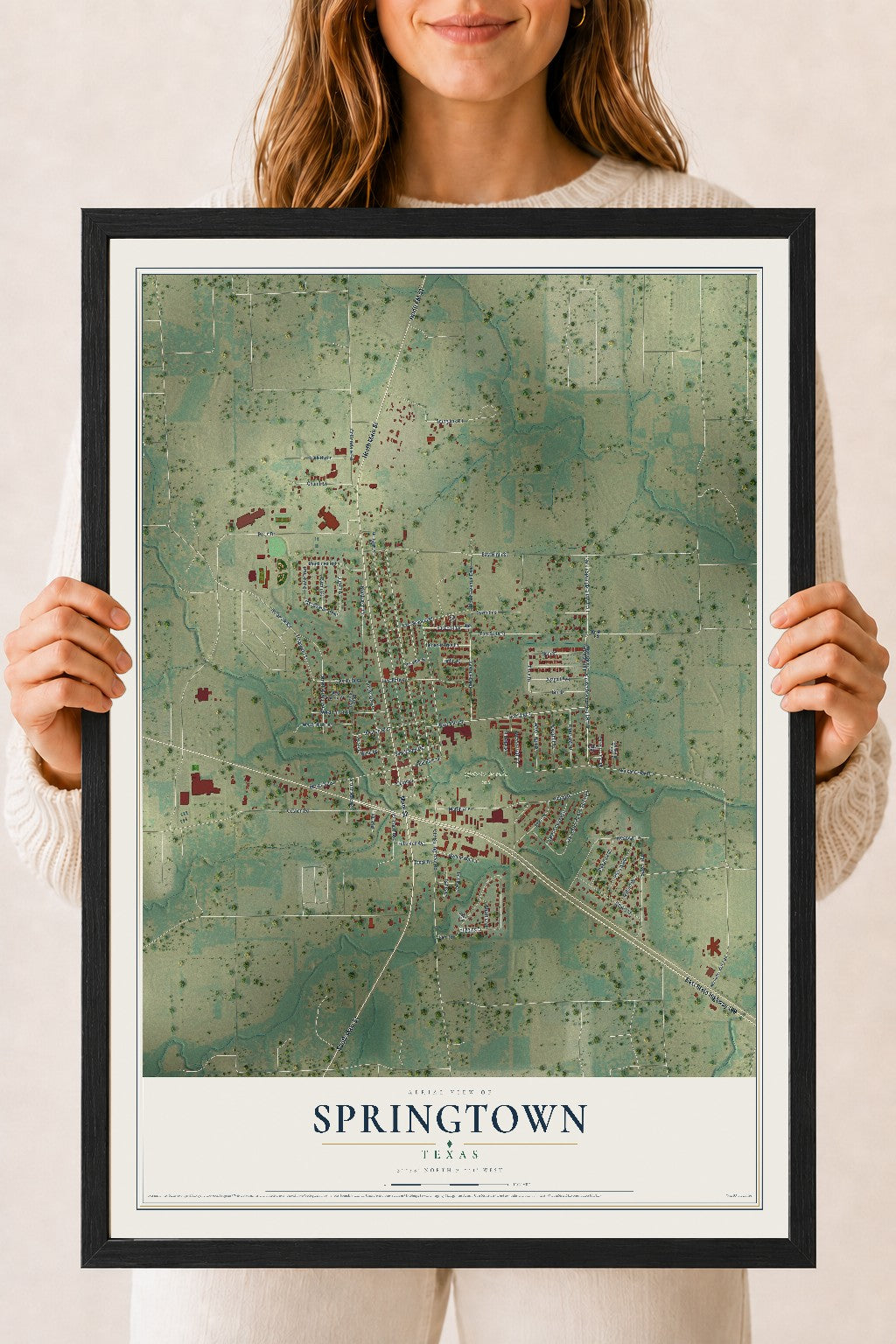 Map of Springtown, Texas, 18 x 24 inch print in a black wood frame