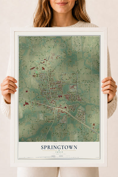 Map of Springtown, Texas, 18 x 24 inch print in a white wood frame