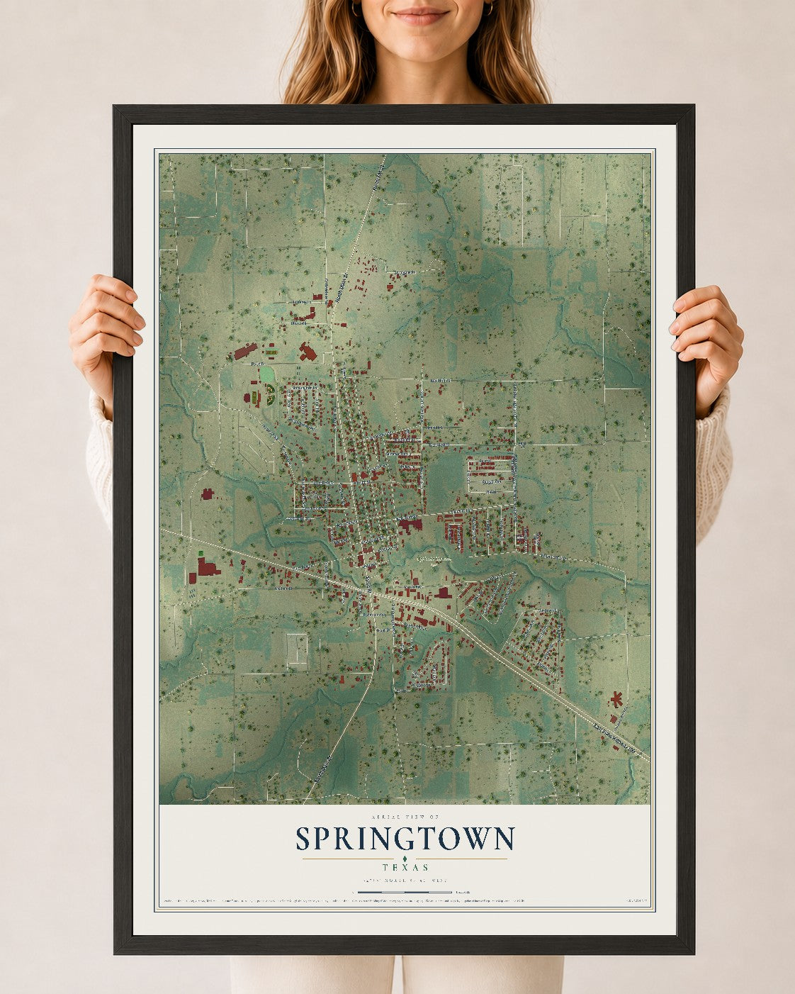 Map of Springtown, Texas, 24 x 36 inch print in a black wood frame