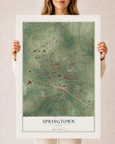 Map of Springtown, Texas, 24 x 36 inch print in a white wood frame