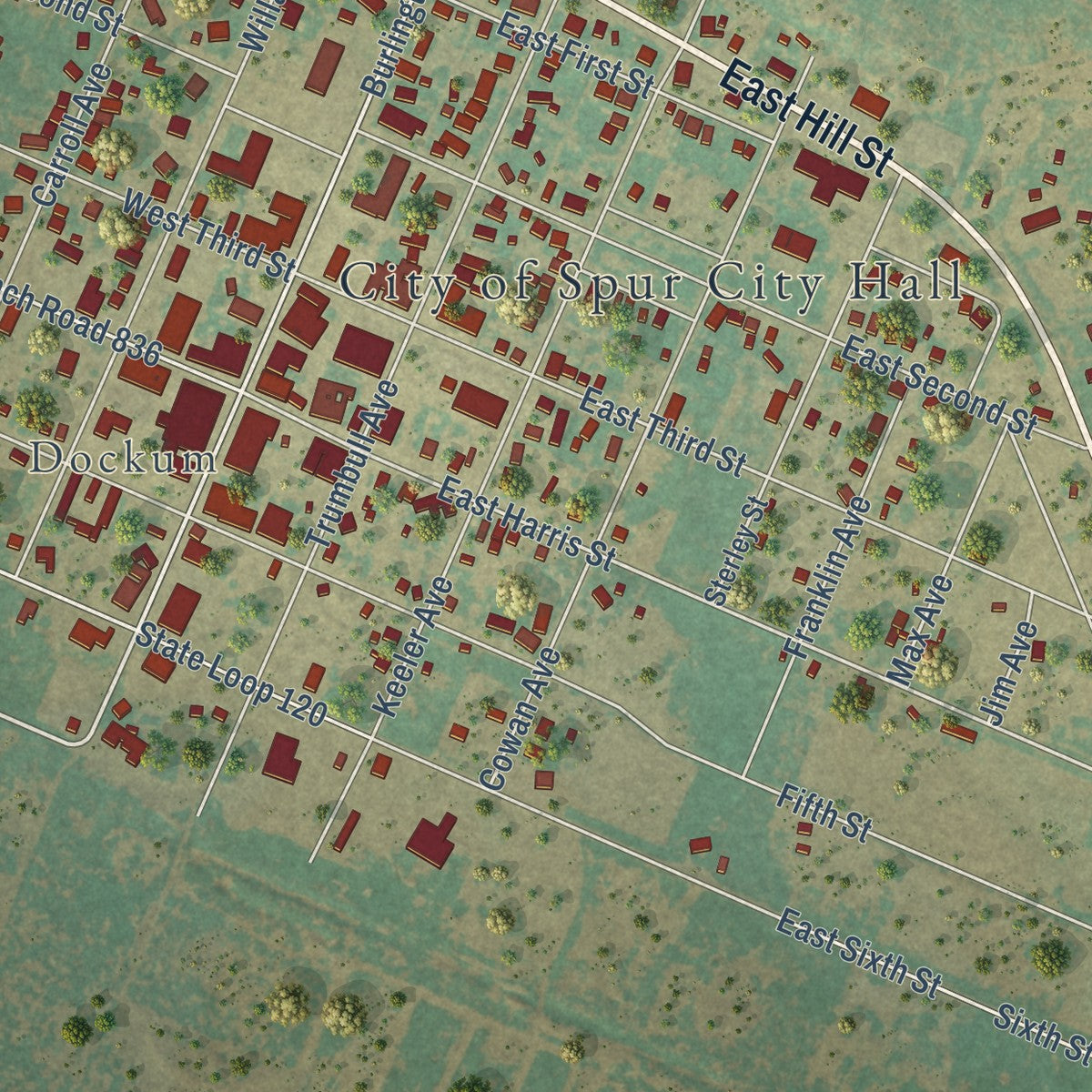 Close-up of the map of Spur, Texas print showing street and building detail