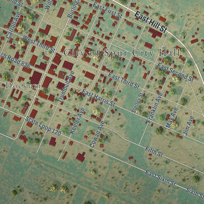 Close-up of the map of Spur, Texas print showing street and building detail