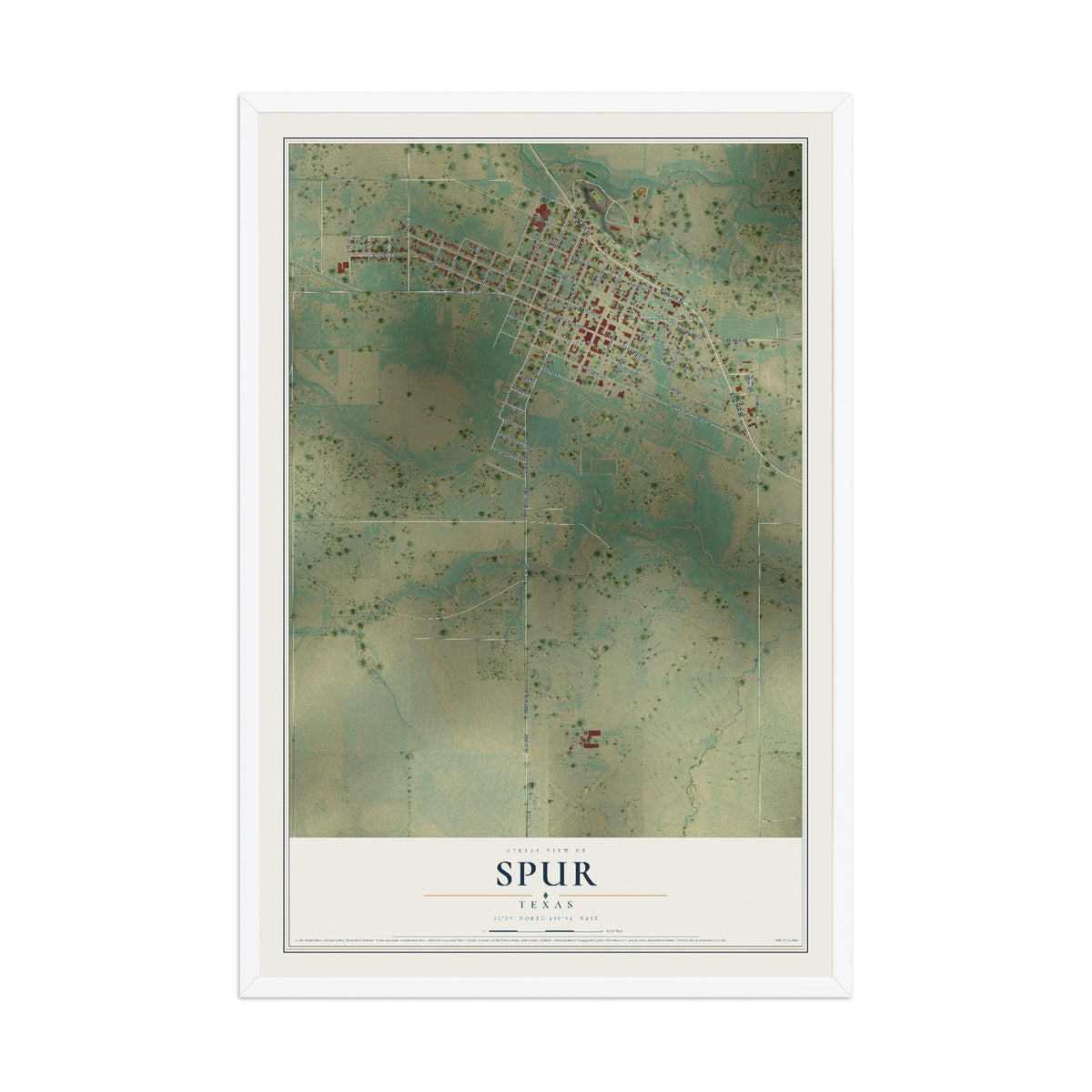 Map of Spur, Texas, 12 x 18 inch print in a white wood frame