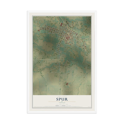 Map of Spur, Texas, 12 x 18 inch print in a white wood frame