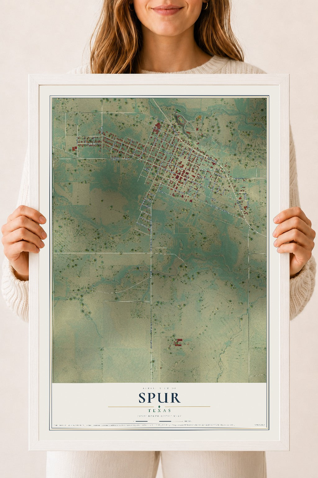 Map of Spur, Texas, 18 x 24 inch print in a white wood frame