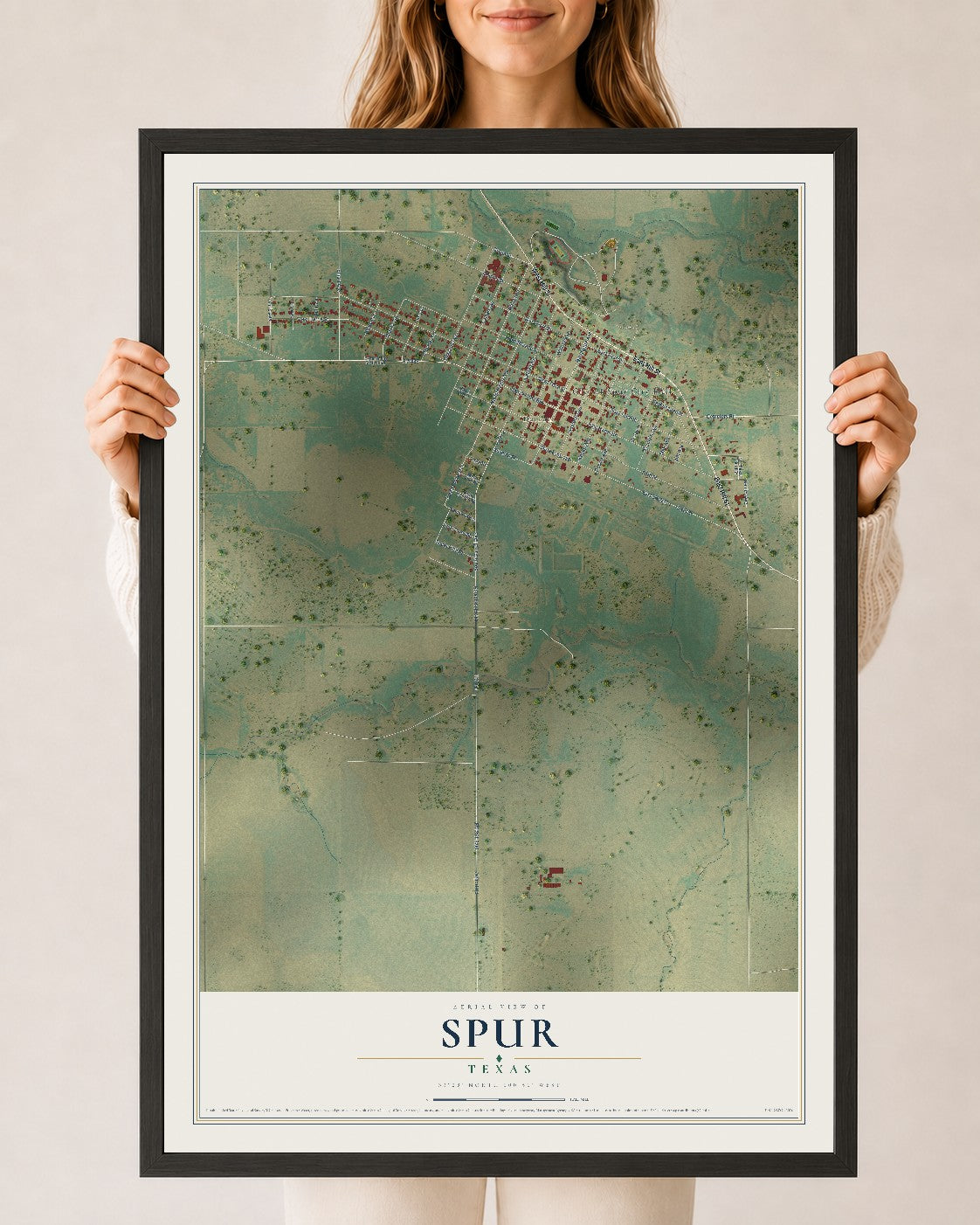 Map of Spur, Texas, 24 x 36 inch print in a black wood frame