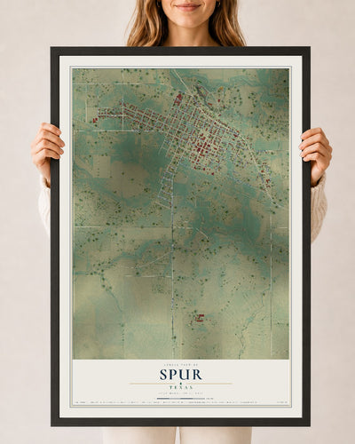 Map of Spur, Texas, 24 x 36 inch print in a black wood frame
