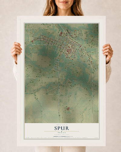 Map of Spur, Texas, 24 x 36 inch print in a white wood frame