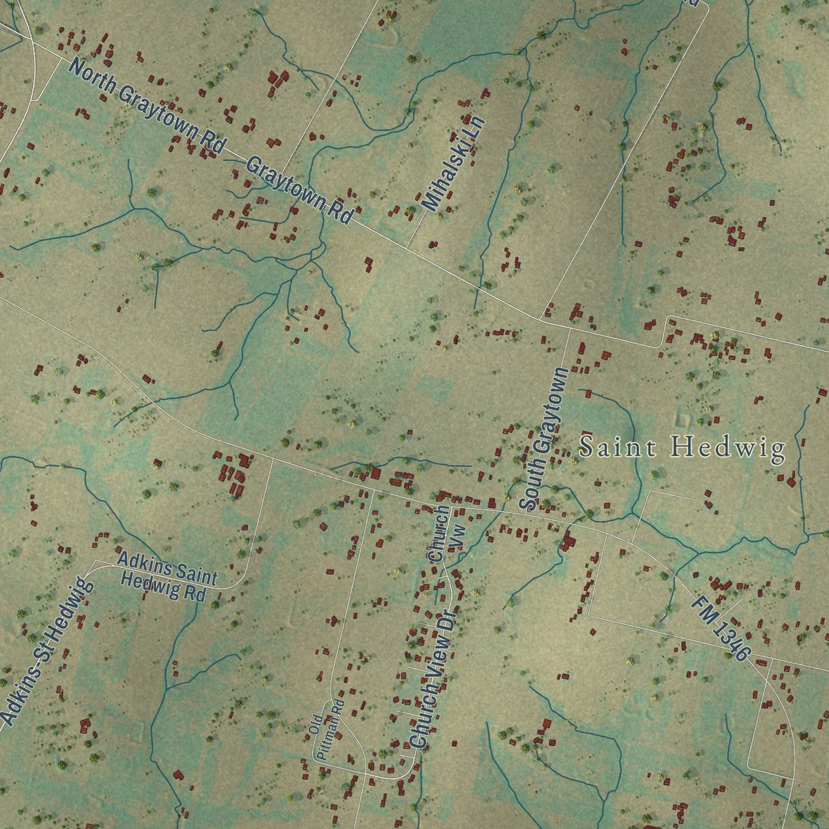 Close-up of the map of St. Hedwig, Texas print showing street and building detail