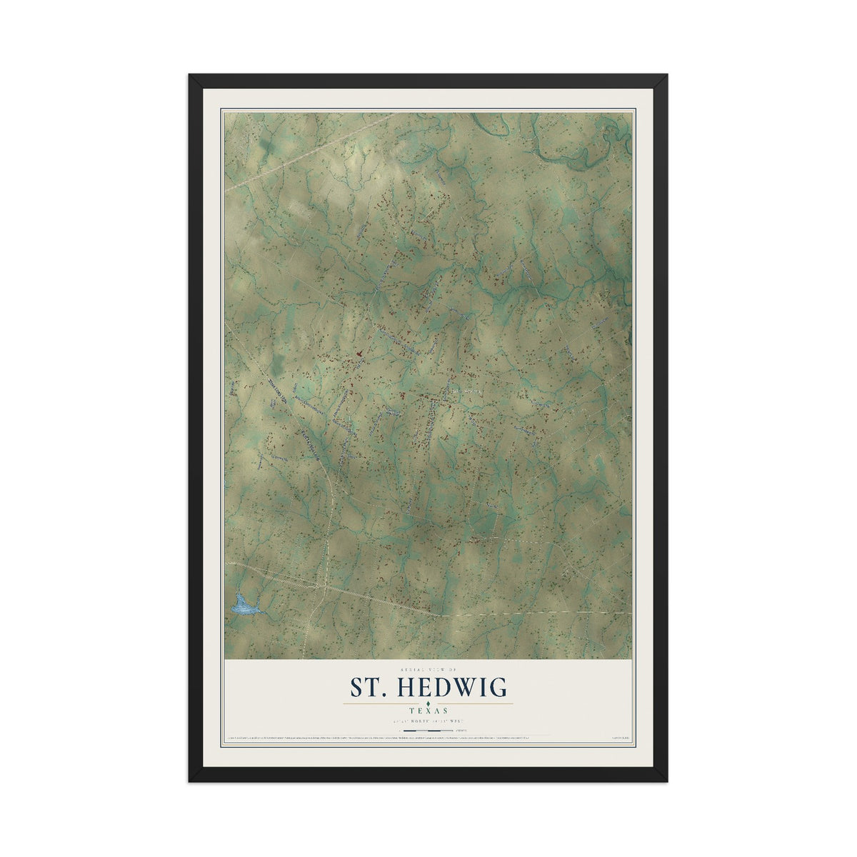 Map of St. Hedwig, Texas, 12 x 18 inch print in a black wood frame