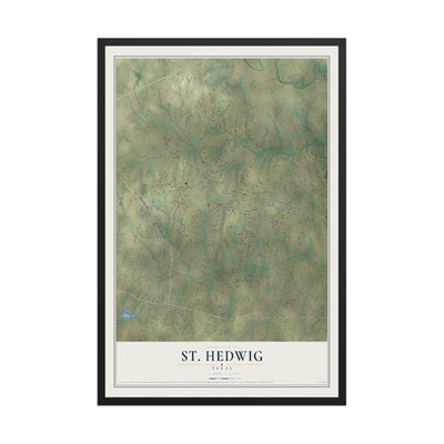 Map of St. Hedwig, Texas, 12 x 18 inch print in a black wood frame