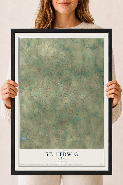 Map of St. Hedwig, Texas, 18 x 24 inch print in a black wood frame