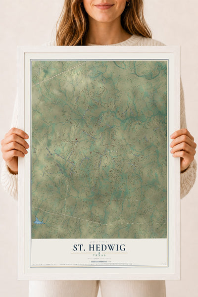 Map of St. Hedwig, Texas, 18 x 24 inch print in a white wood frame