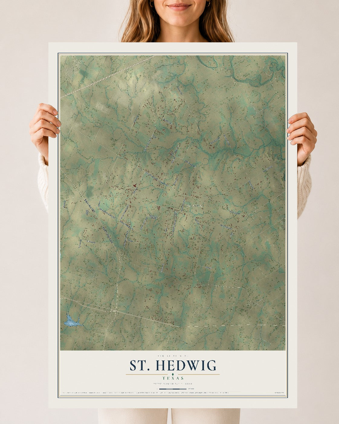 Map of St. Hedwig, Texas, 24 x 36 inch unframed archival matte print