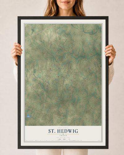 Map of St. Hedwig, Texas, 24 x 36 inch print in a black wood frame