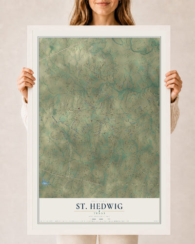 Map of St. Hedwig, Texas, 24 x 36 inch print in a white wood frame