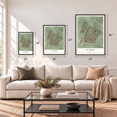 St. Johns, Texas map in 12 x 18, 18 x 24 and 24 x 36 inch sizes above a sofa