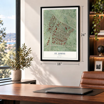St. Johns, Texas map, 18 x 24 inch print in a black frame in a home office